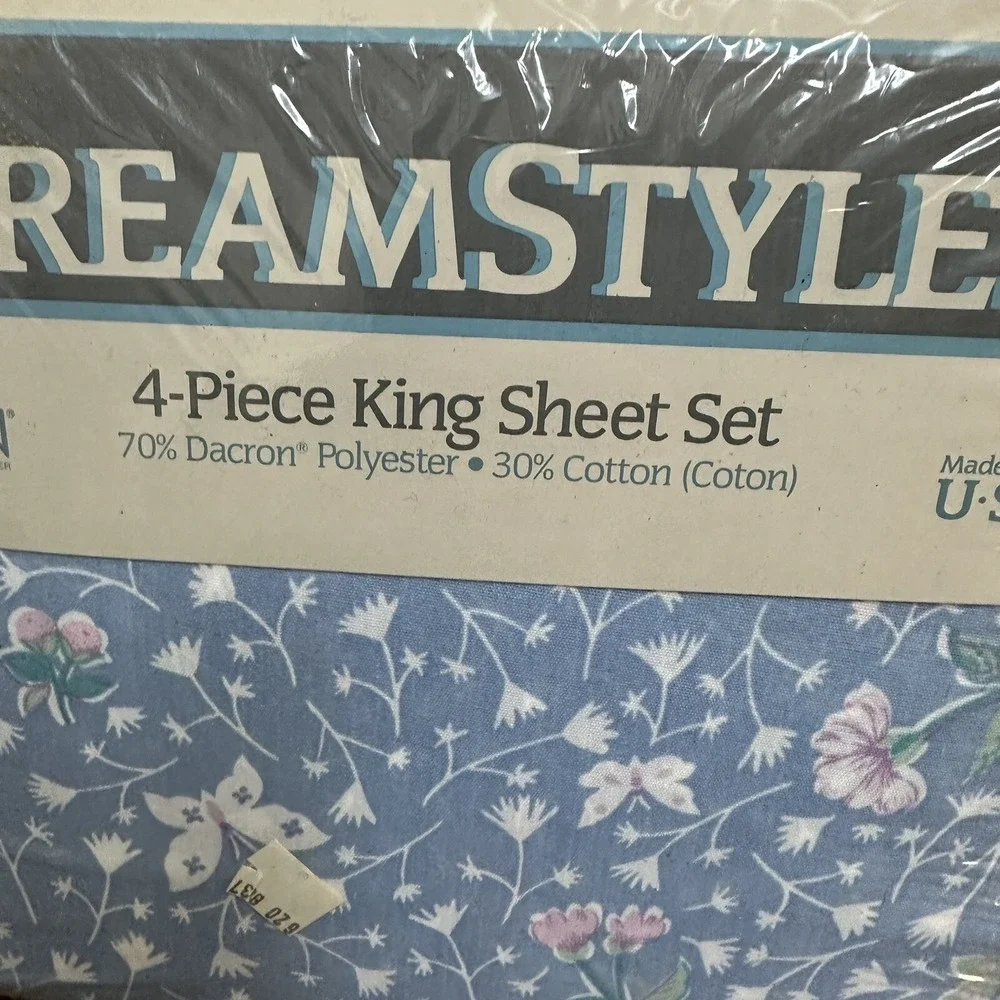 Vintage Dacron King Sheet Set Dainty Floral Butterfly Lace Made in USA NEW NOS